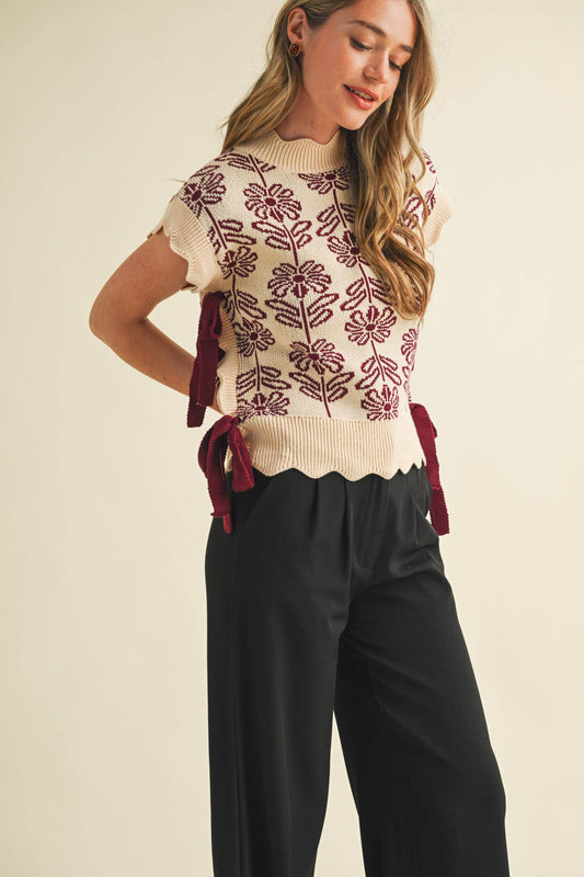 Burgundy bloom knit tie top