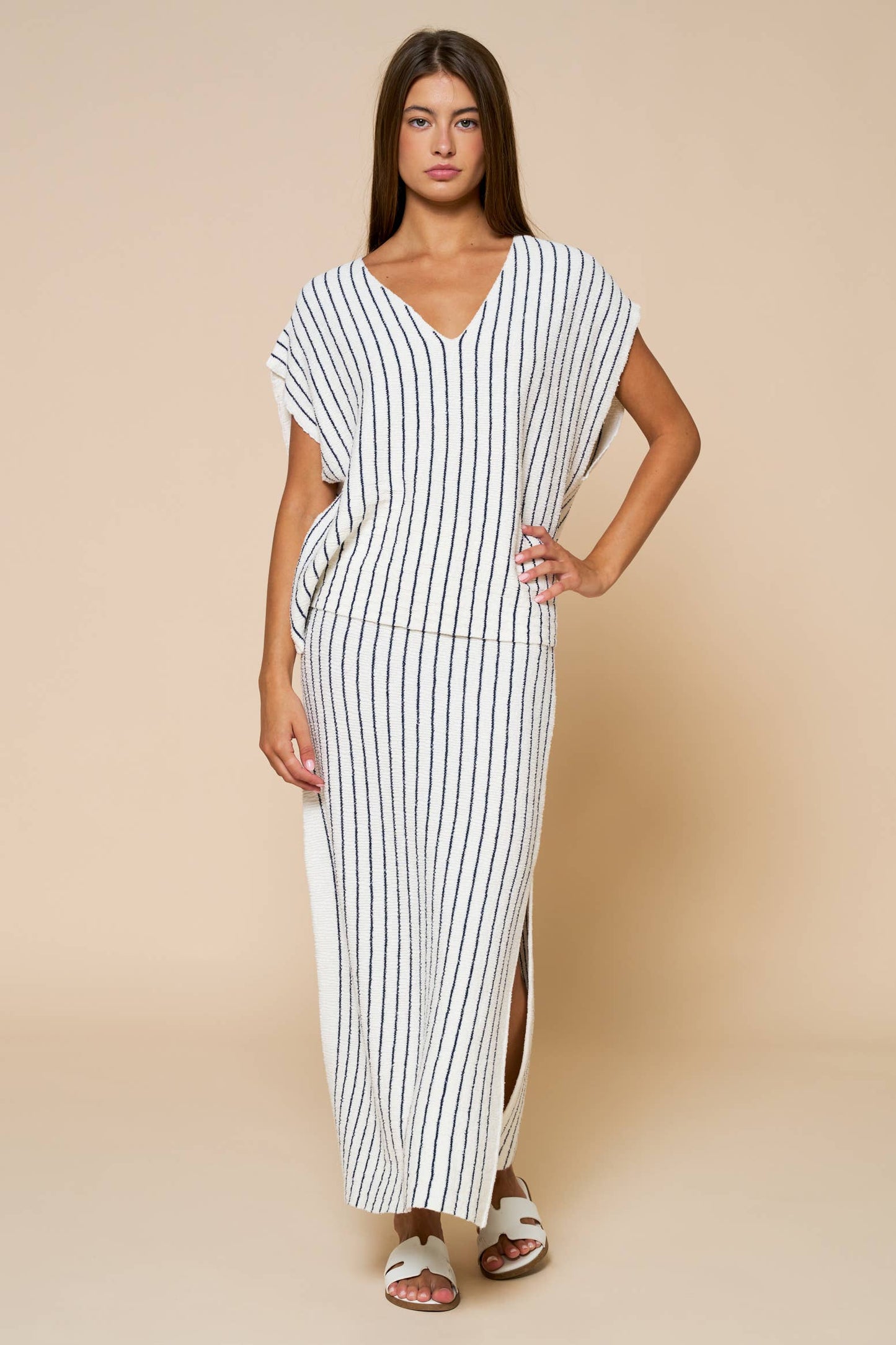 Striped V-Neck Top & Maxi Skirt Set