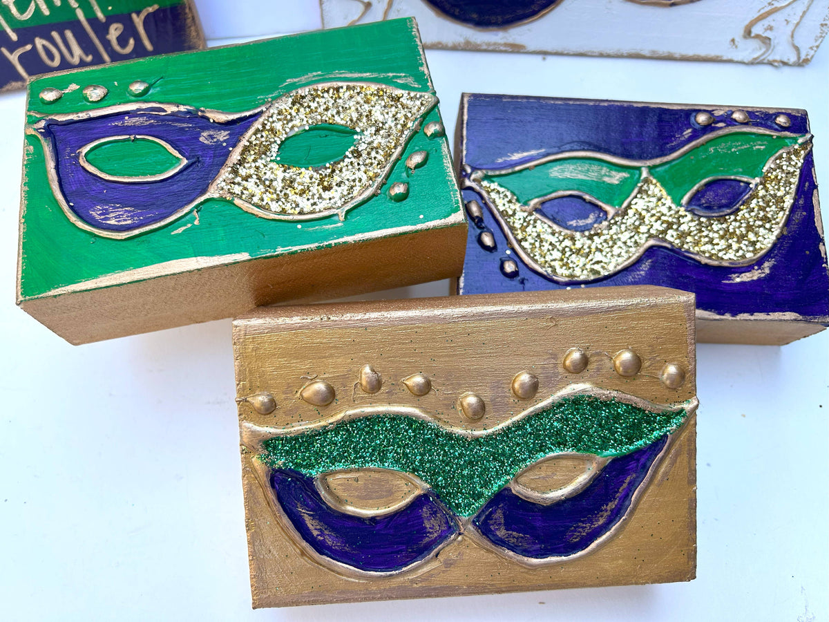 Mardi Gras mask  |  hand painted wood block: Purple background