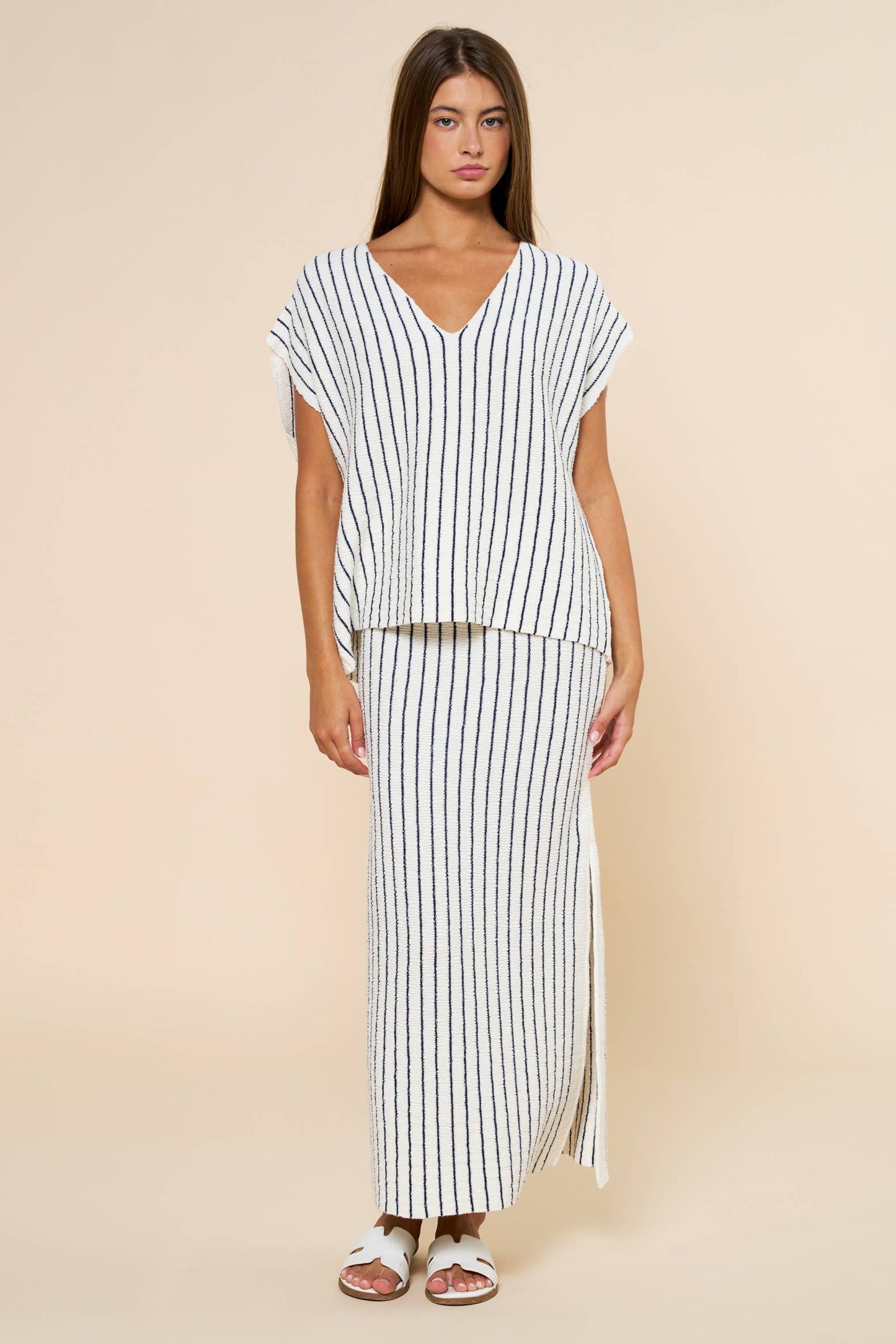 Striped V-Neck Top & Maxi Skirt Set