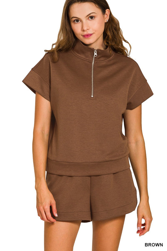 Scuba Half Zip Top & Short Set-Brown