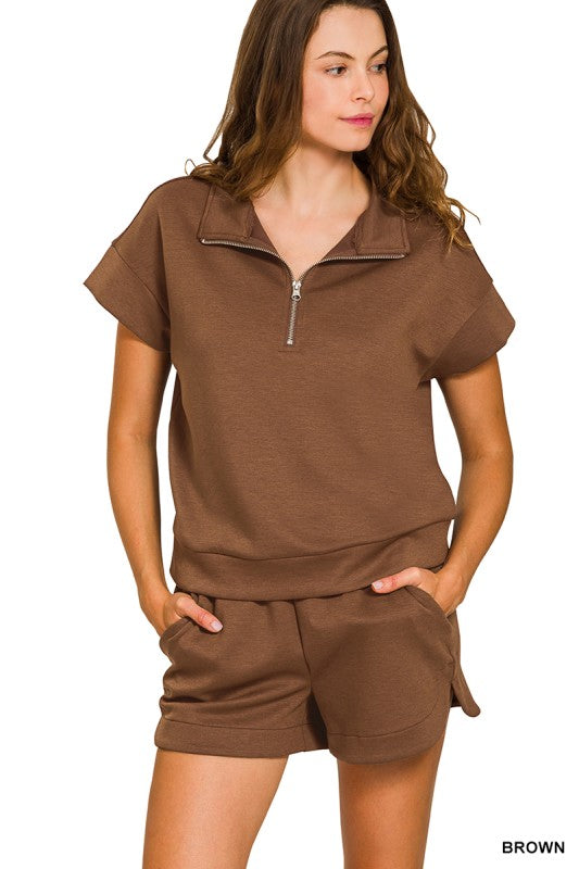 Scuba Half Zip Top & Short Set-Brown