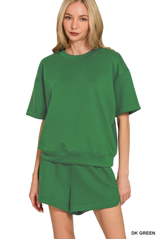 Scuba Round Neck Top & Dolphin Shorts Set-Hunter Green