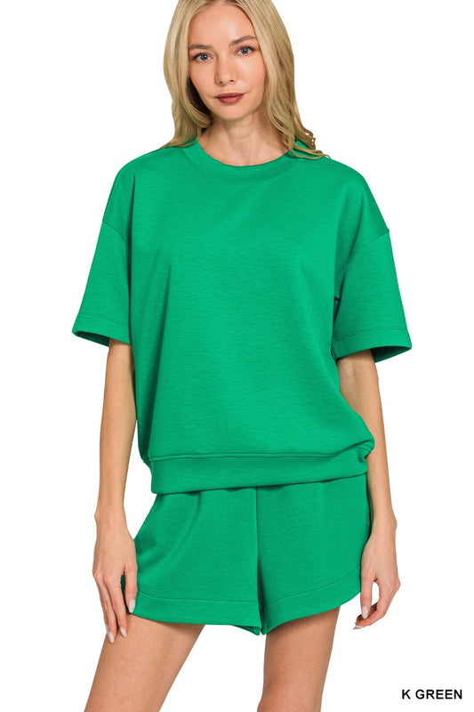 Scuba Round Neck Top & Dolphin Shorts Set-Kelly Green
