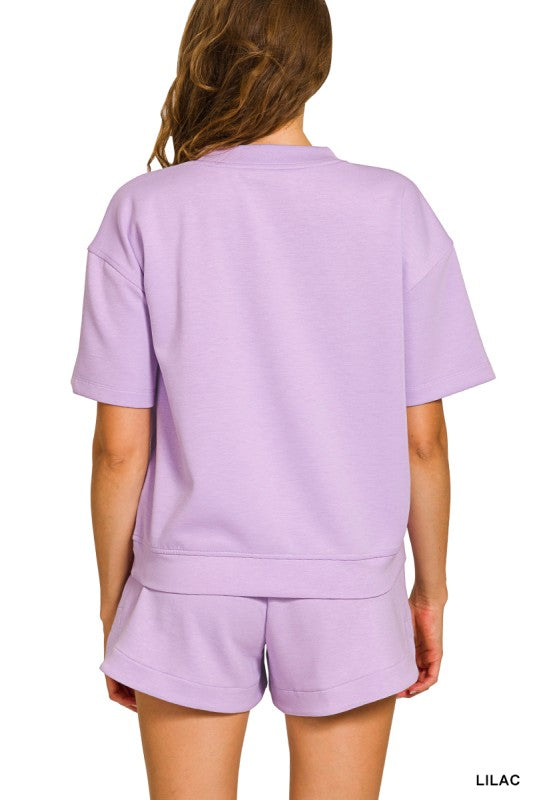 Scuba Round Neck Top & Dolphin Shorts Set-Lilac
