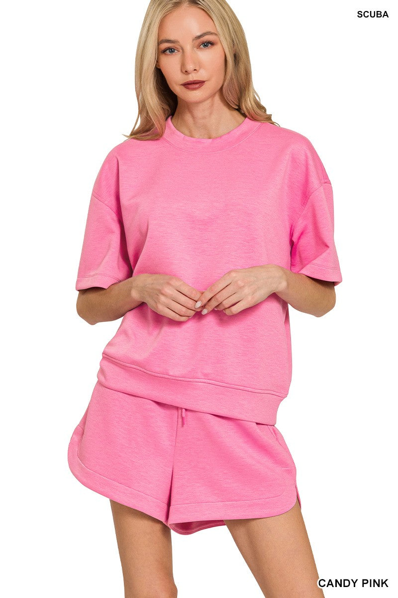 Scuba Round Neck Top & Dolphin Shorts Set-Candy Pink