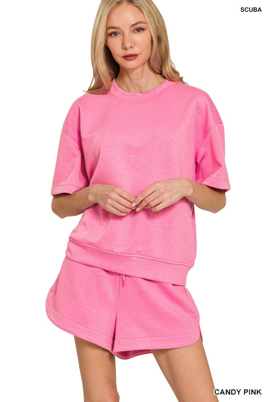 Scuba Round Neck Top & Dolphin Shorts Set-Candy Pink
