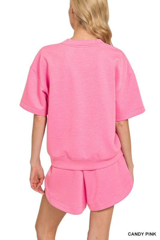 Scuba Round Neck Top & Dolphin Shorts Set-Candy Pink
