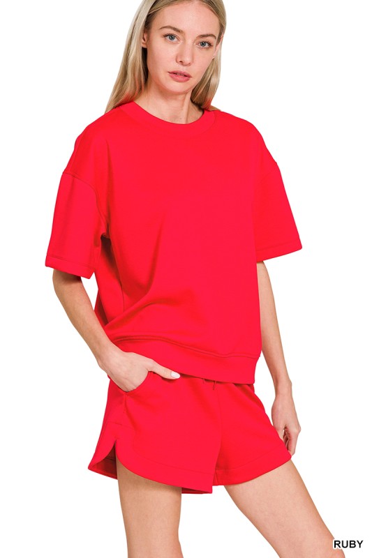 Scuba Round Neck Top & Dolphin Shorts Set-Ruby