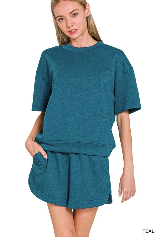 Scuba Round Neck Top & Dolphin Shorts Set-Teal