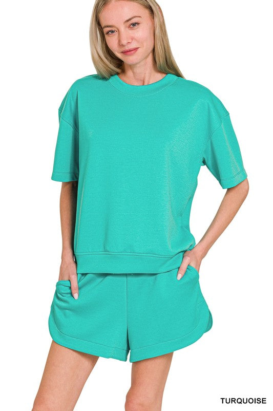 Scuba Round Neck Top & Dolphin Shorts Set-Turquoise