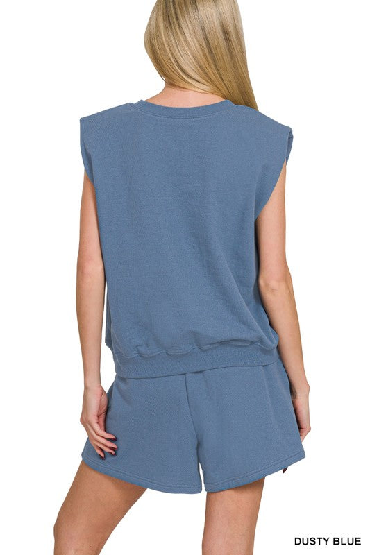 French Terry Sleeveless Top & Shorts Set - Dusty Blue