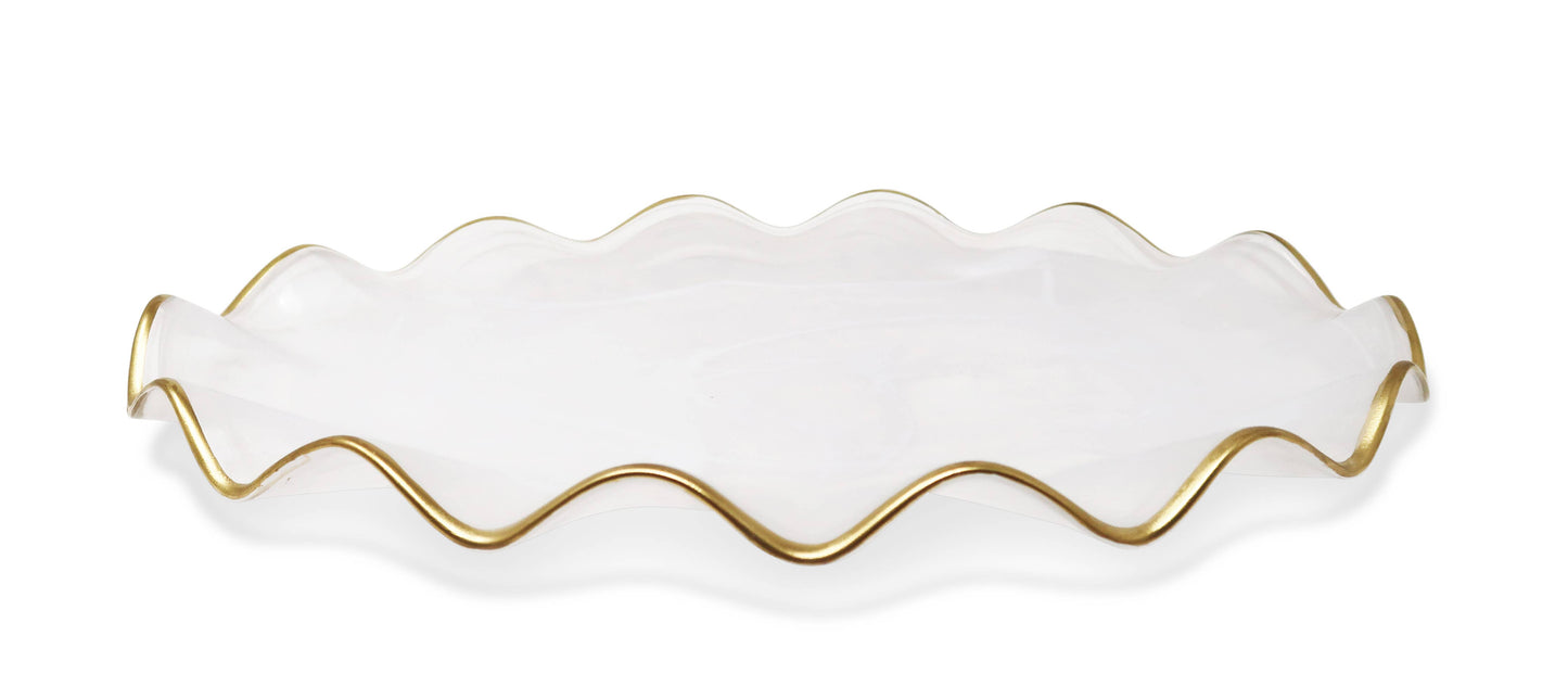 White Alabaster Oval Tray With Gold Ruffled Border (2 Sizes): Large