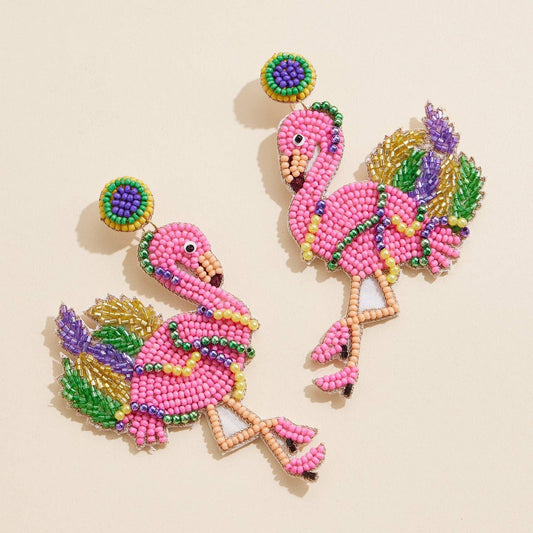 Mardi Gras Flamingo Beaded Earrings