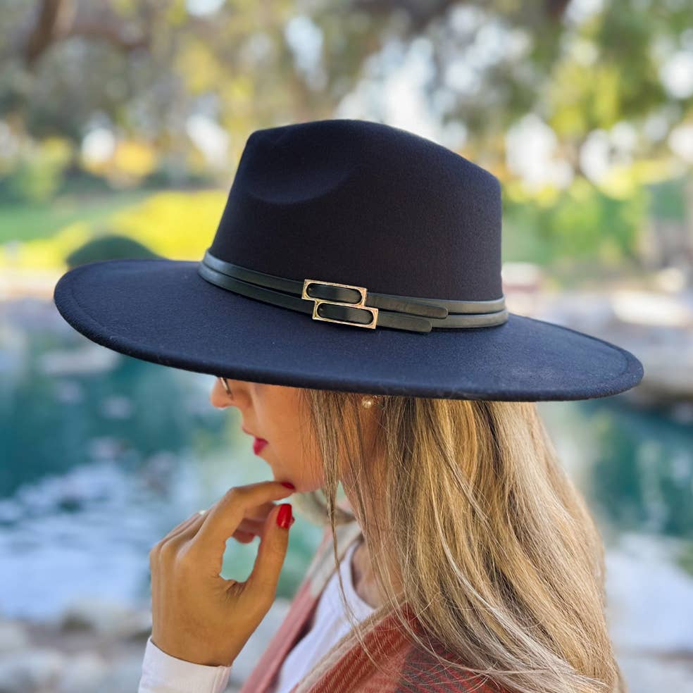 Sleek Black Fedora with Faux Leather Double Buckle Trim-One Size