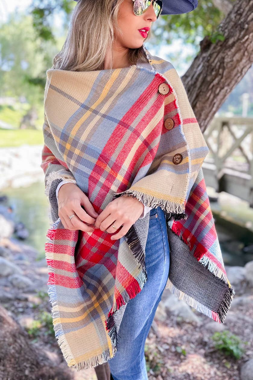 Plaid Printed Shawl Scarf Poncho with Button: One Size