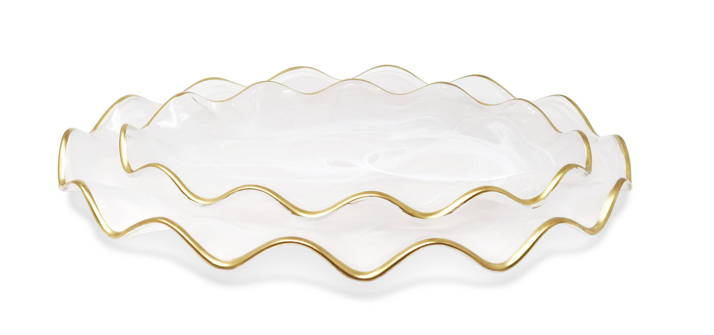 White Alabaster Oval Tray With Gold Ruffled Border (2 Sizes): Medium