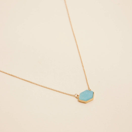 Hexagon Druzy Stone Charm Short Necklace-Aquamarine