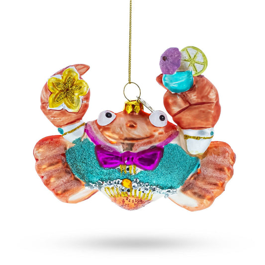 Cheerful Crab at Cocktail Party Glass Ornament