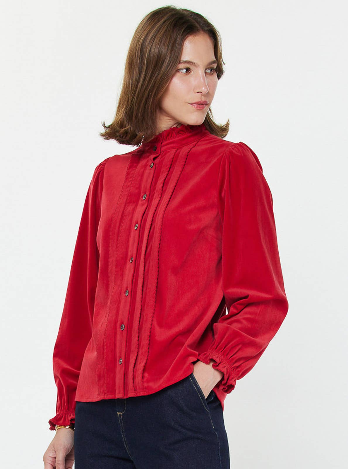 Pintuck Front Blouse with Ruffle Neck