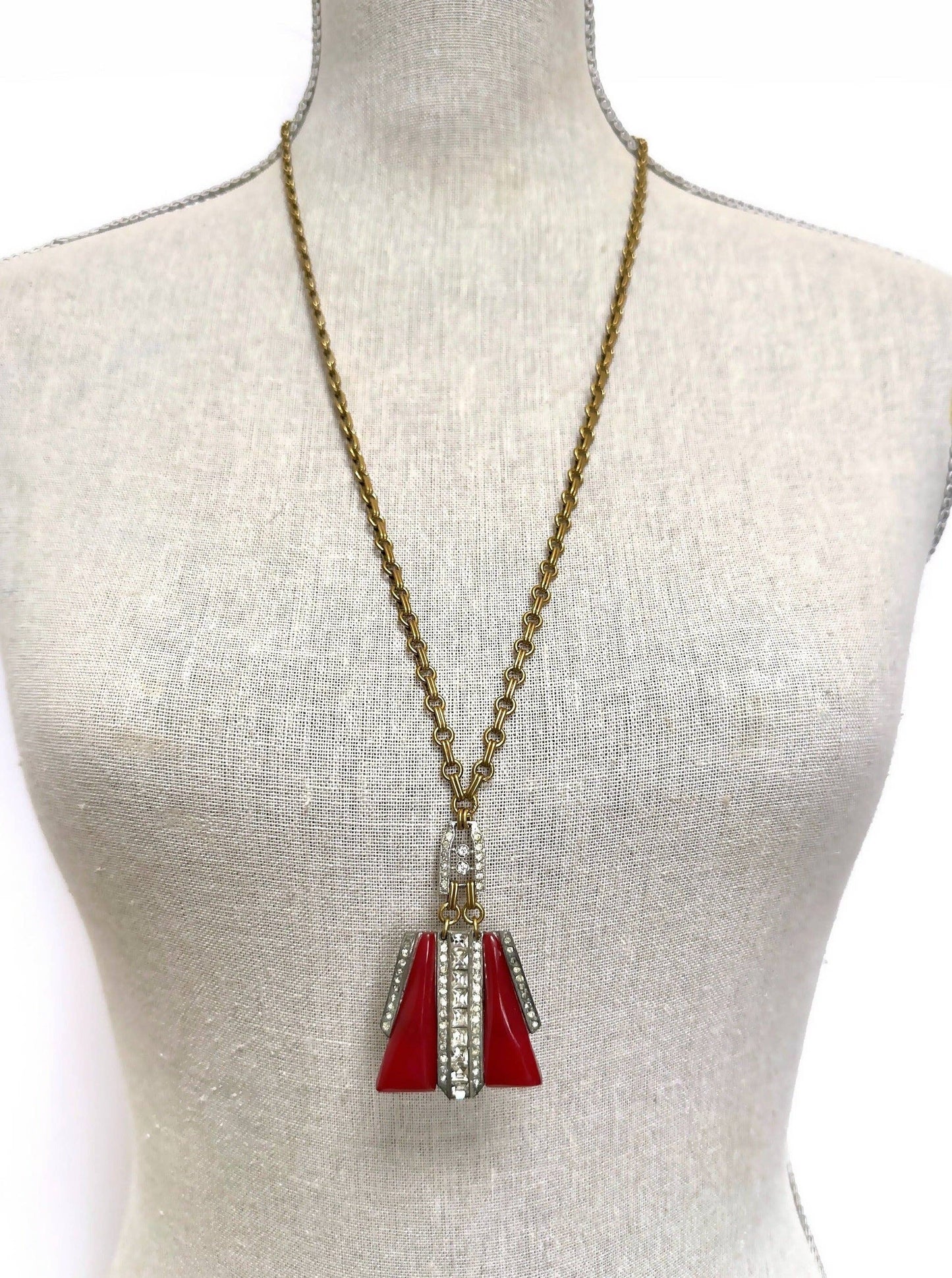 Refashioned Vintage Bakelite & Rhinestone Long Pendant Necklace