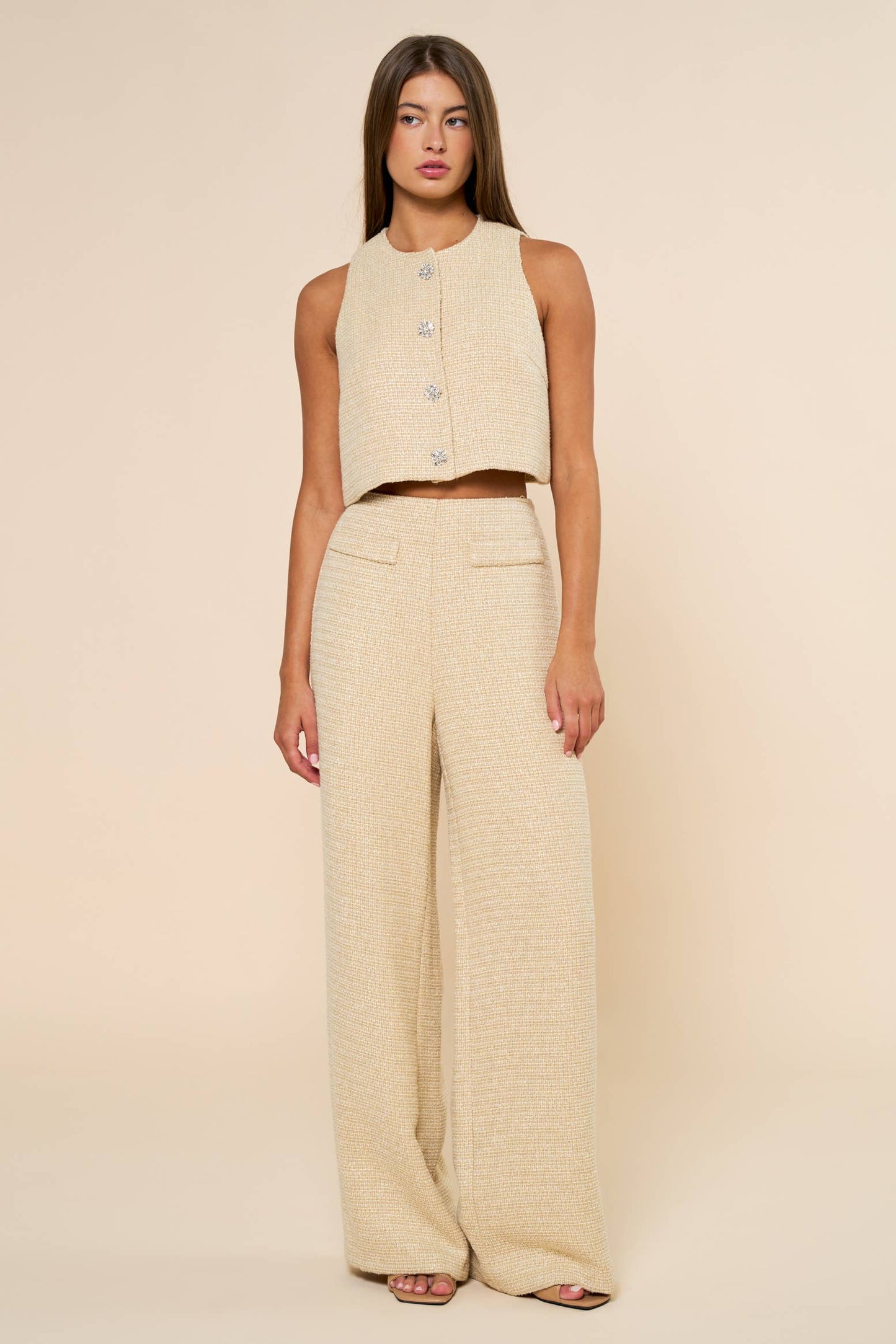 Tweed Crop Top & Wide Leg Pants Set