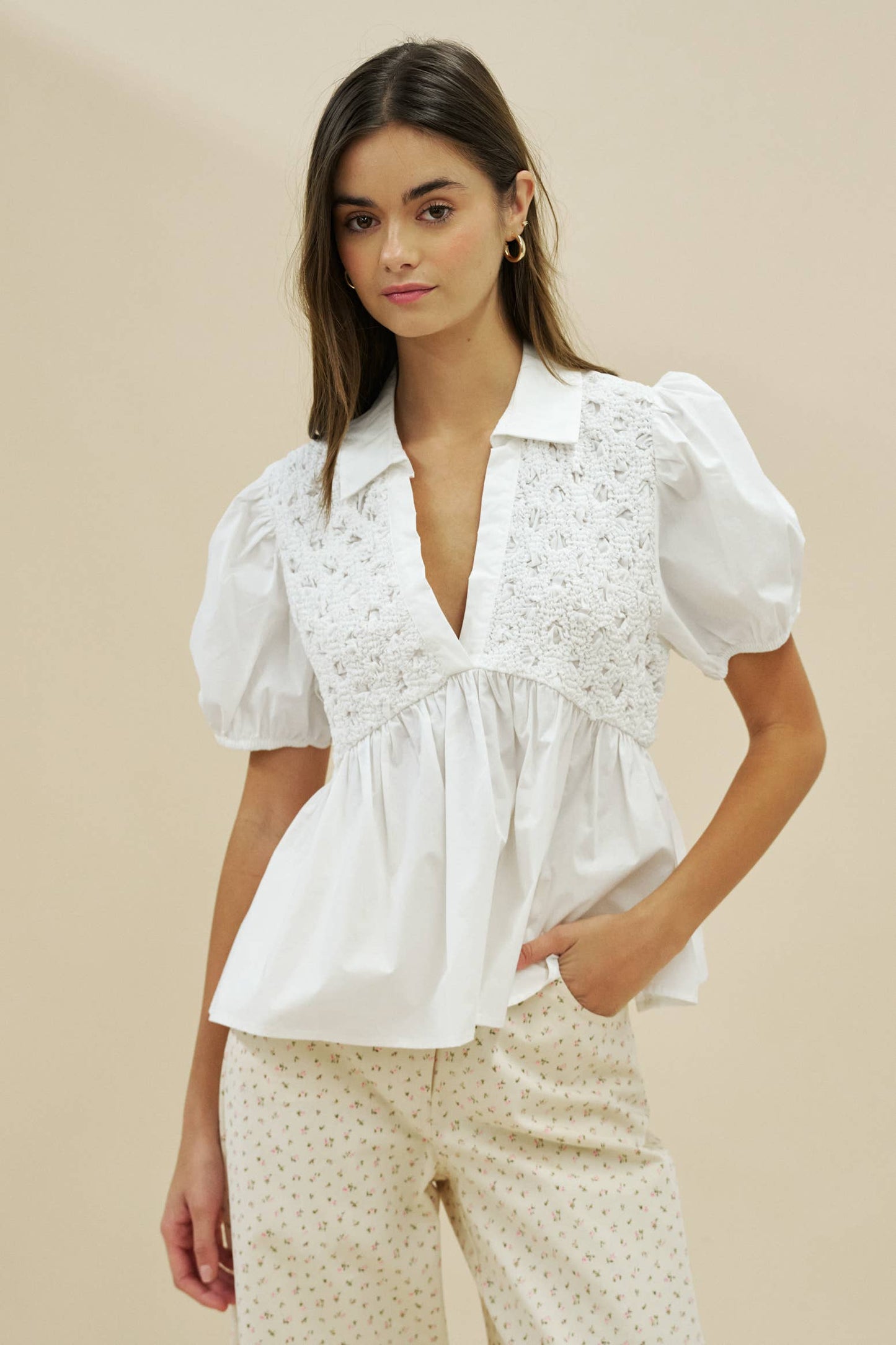 Textured Babydoll Top With Puff Sleeves