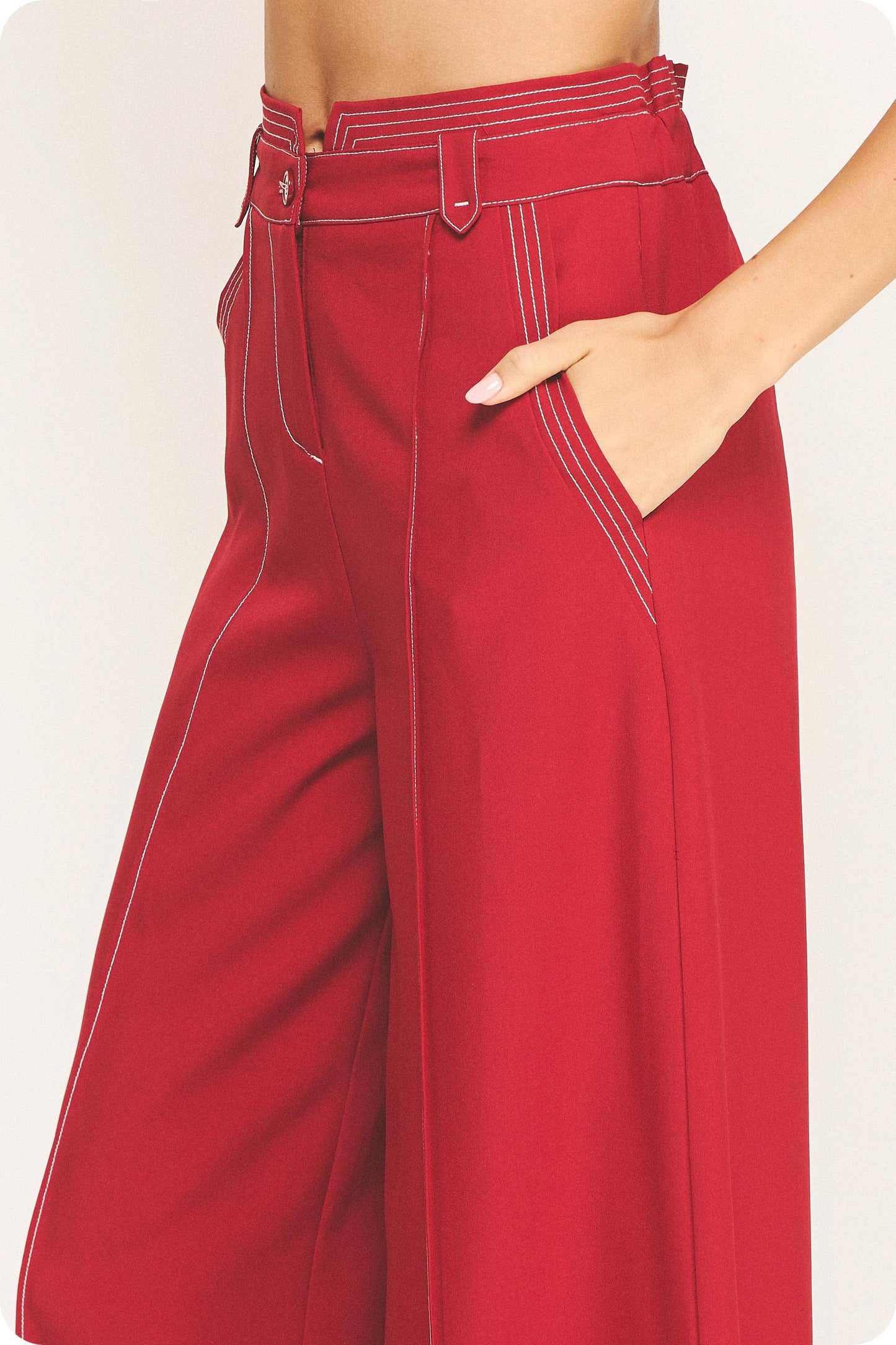Top Stitch Detail Wide Leg Trousers