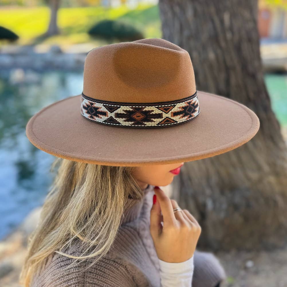 Elegant Camel Fedora with Multi Aztec Western Print Ribbon: One Size