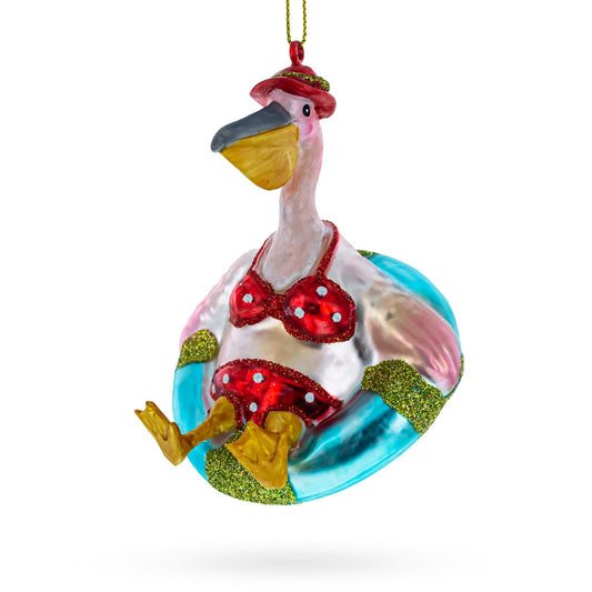 Laid-back Pelican on Inflatable Ring Glass Ornament