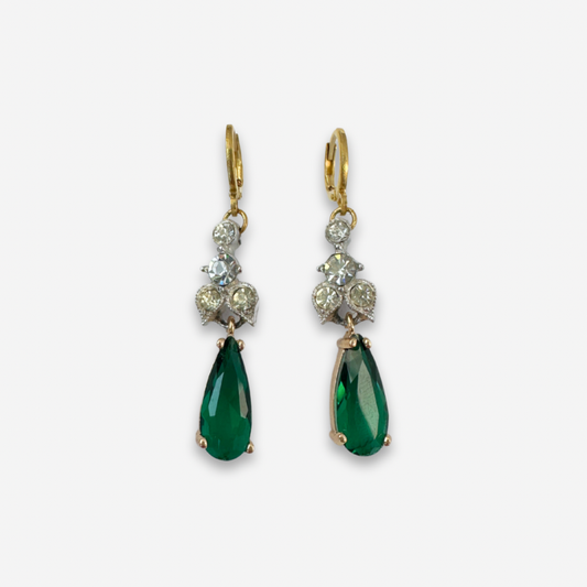 Repurposed Vintage Rhinestone Link Earrings with Green Teardrop