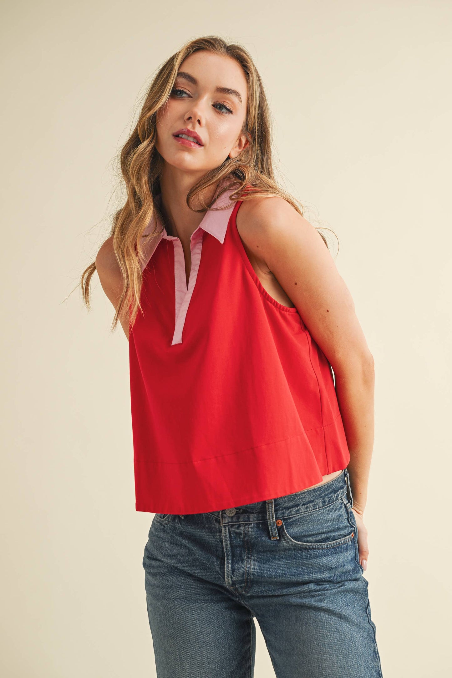 Relaxed Red Cotton Poplin top with Pink Contrast Collar