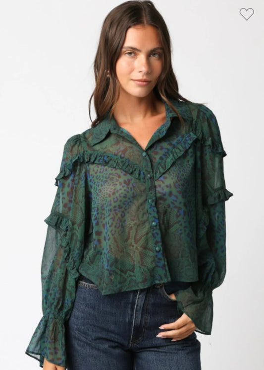 FINAL SALE Zaria Green Ruffle Blouse