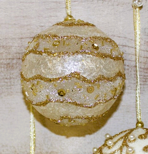 Glass Beaded Ball Ornaments- White, Gold