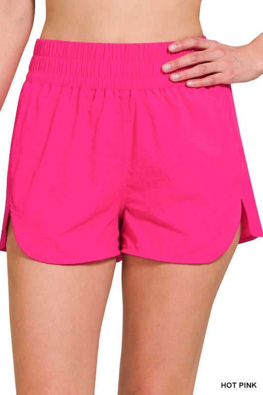 Windbreaker Smocked Waist Shorts-Hot Pink
