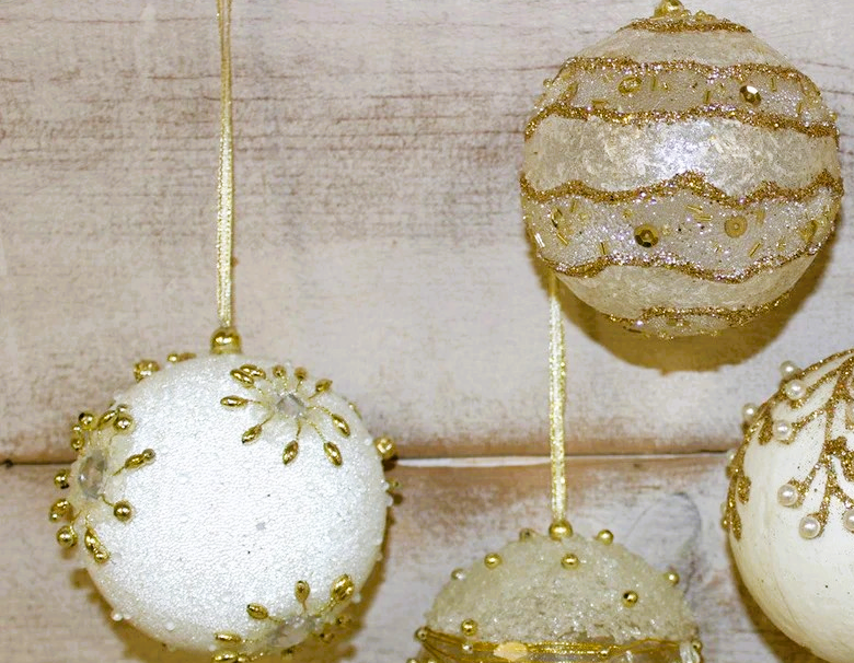 Glass Beaded Ball Ornaments- White, Gold