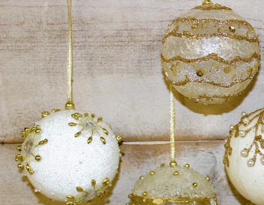 Glass Beaded Ball Ornaments- White, Gold