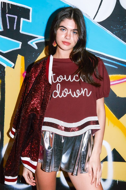 Touch Down Sequin Patch Tee In Maroon