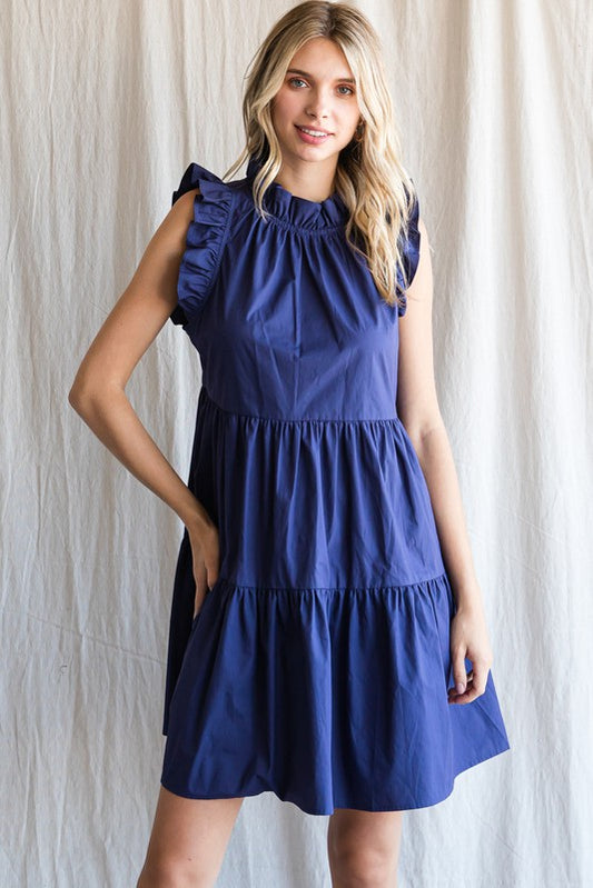 Solid Tiered Ruffle Mock Neck Dress In Navy
