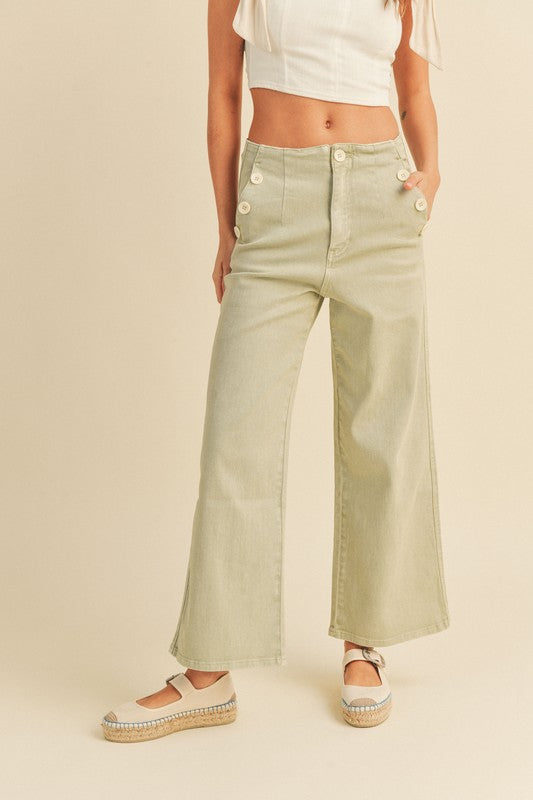 Washed Cotton Button Detailed Pants