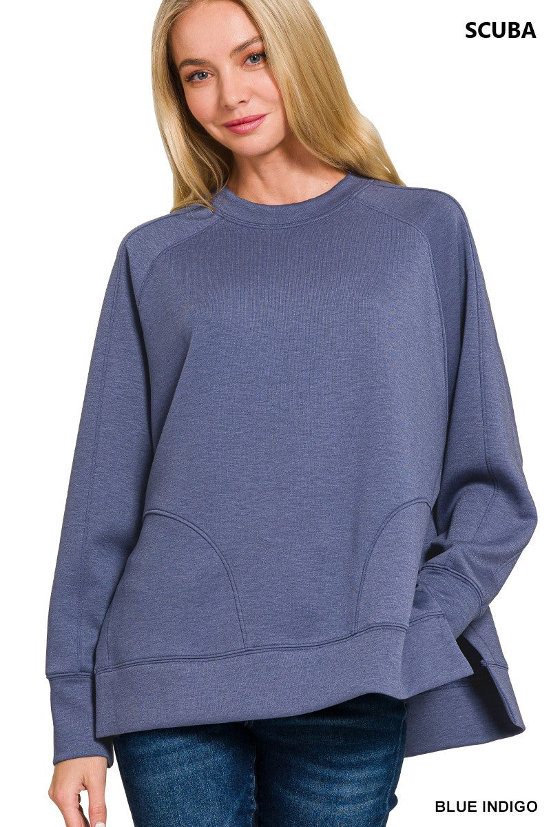 Round Neck Pullover w/Side Slits- Blue Indigo