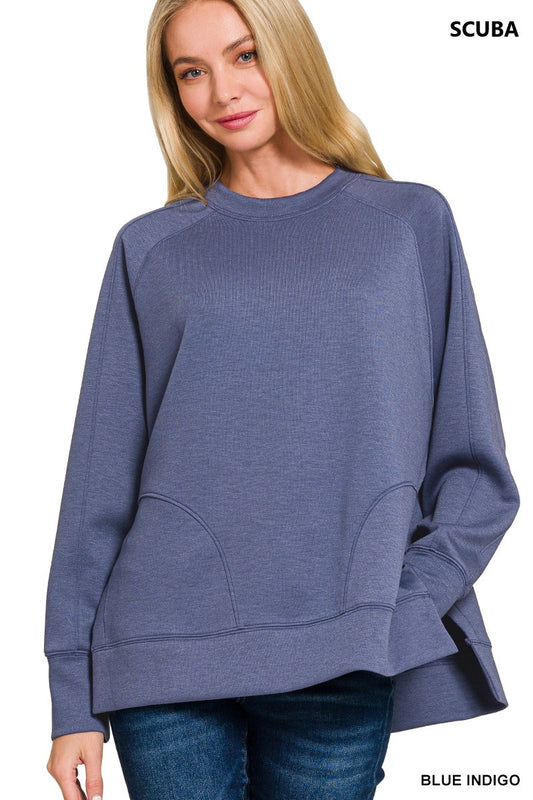 Round Neck Pullover w/Side Slits- Blue Indigo