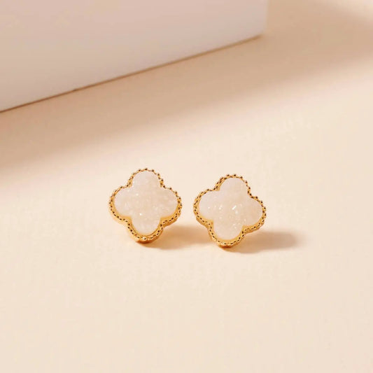 Flower Druzy Stone Stud Earrings -Ivory