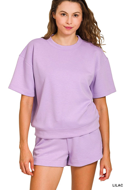 Scuba Round Neck Top & Dolphin Shorts Set-Lilac
