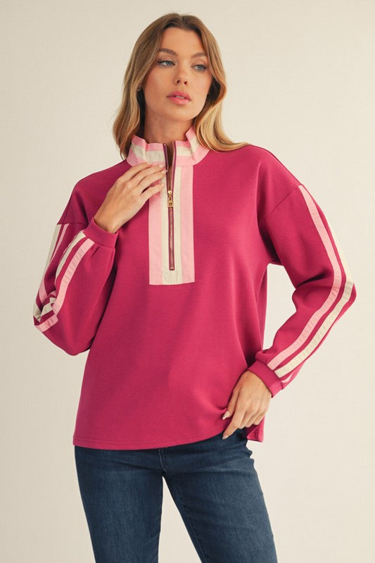 Contrast Zip Up Sweatshirt- Magenta