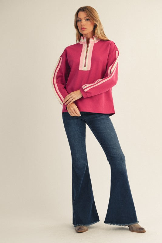 Contrast Zip Up Sweatshirt- Magenta