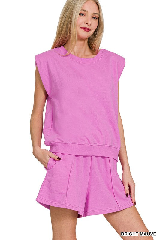 French Terry Sleeveless Top & Shorts Set - Bright Mauve
