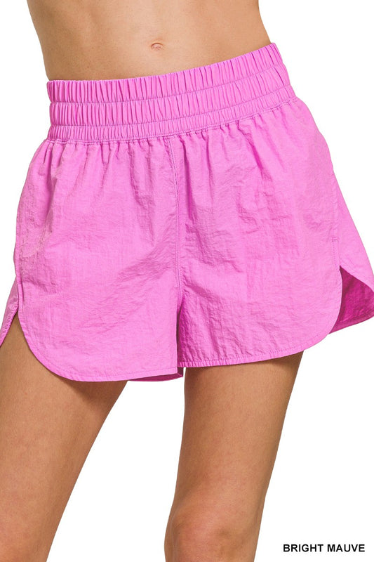 Windbreaker Smocked Waist Shorts-Brite Mauve