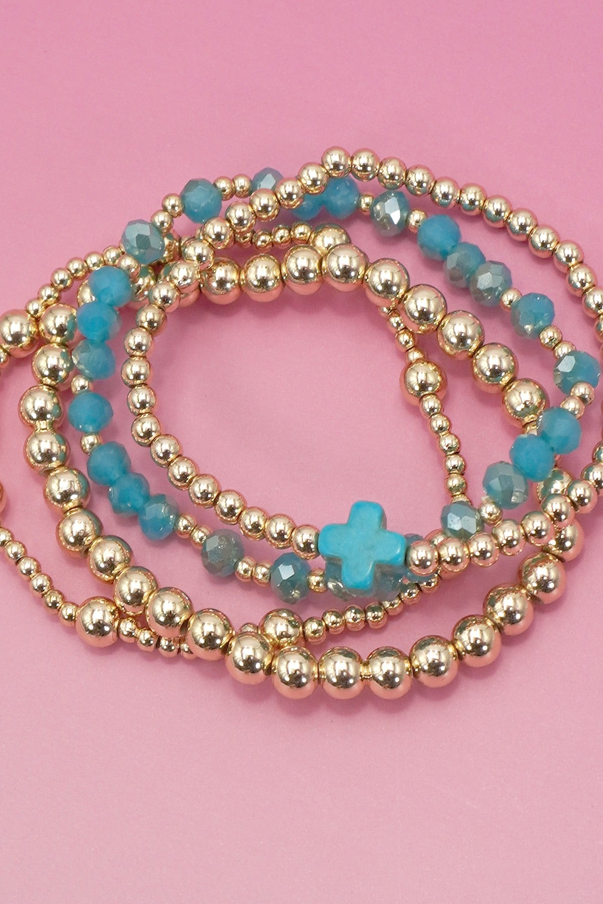 Boho Cross Turquoise/Gold Beaded Stretch Bracelets
