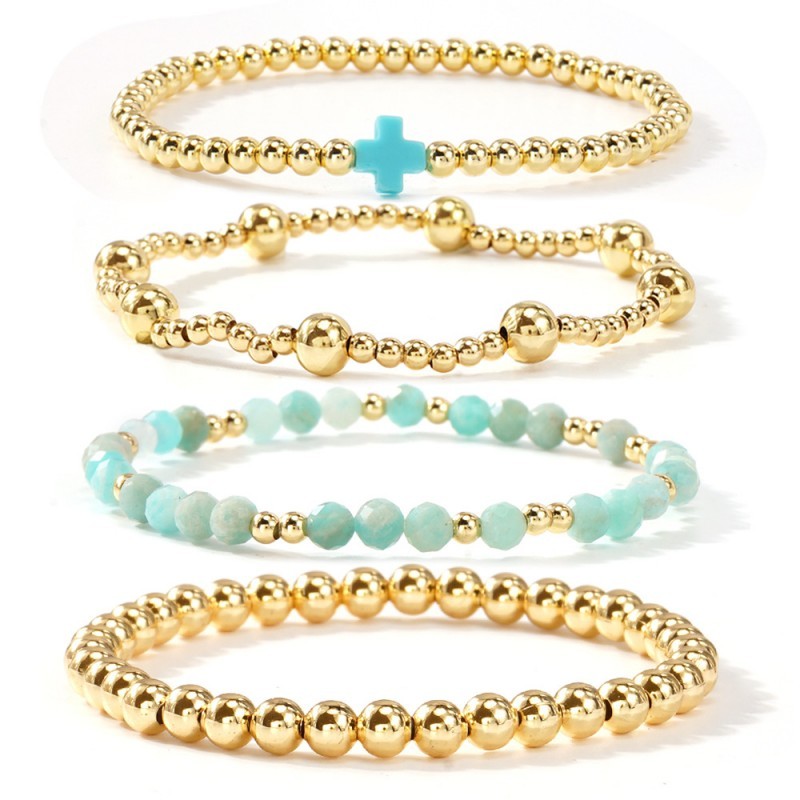 Boho Cross Turquoise/Gold Beaded Stretch Bracelets